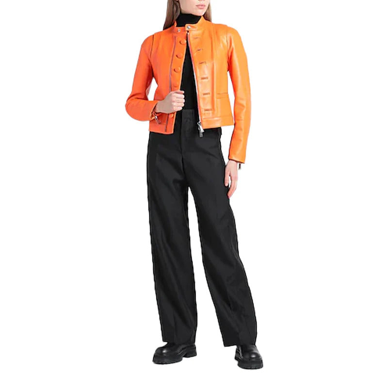 Women's Orange Donna Biker Leather Jacket