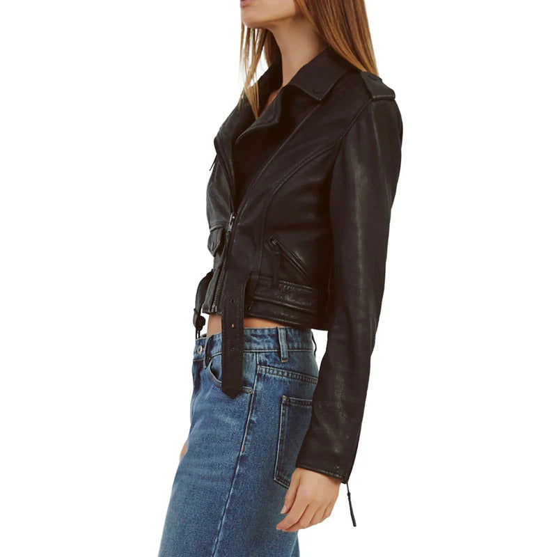 Women's Crop Style Moto Leather Jacket