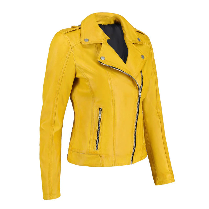 Women's Yellow Zip-Up Handwaxed Moto Leather Jacket