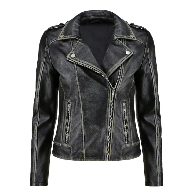 Women's Black Zip-Up Handwaxed Moto Leather Jacket