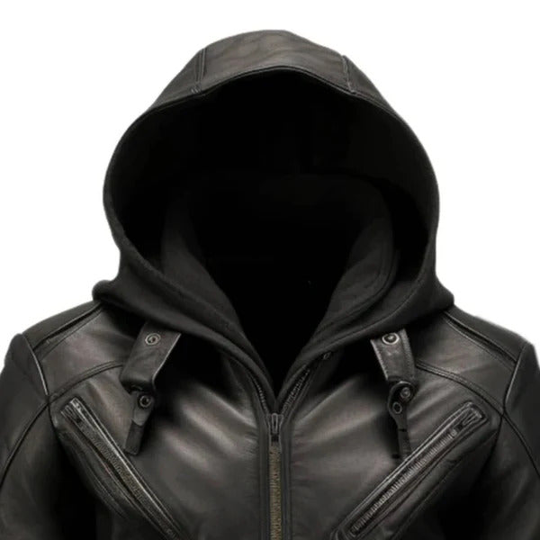 Men's Black Hooded Biker Leather Jacket