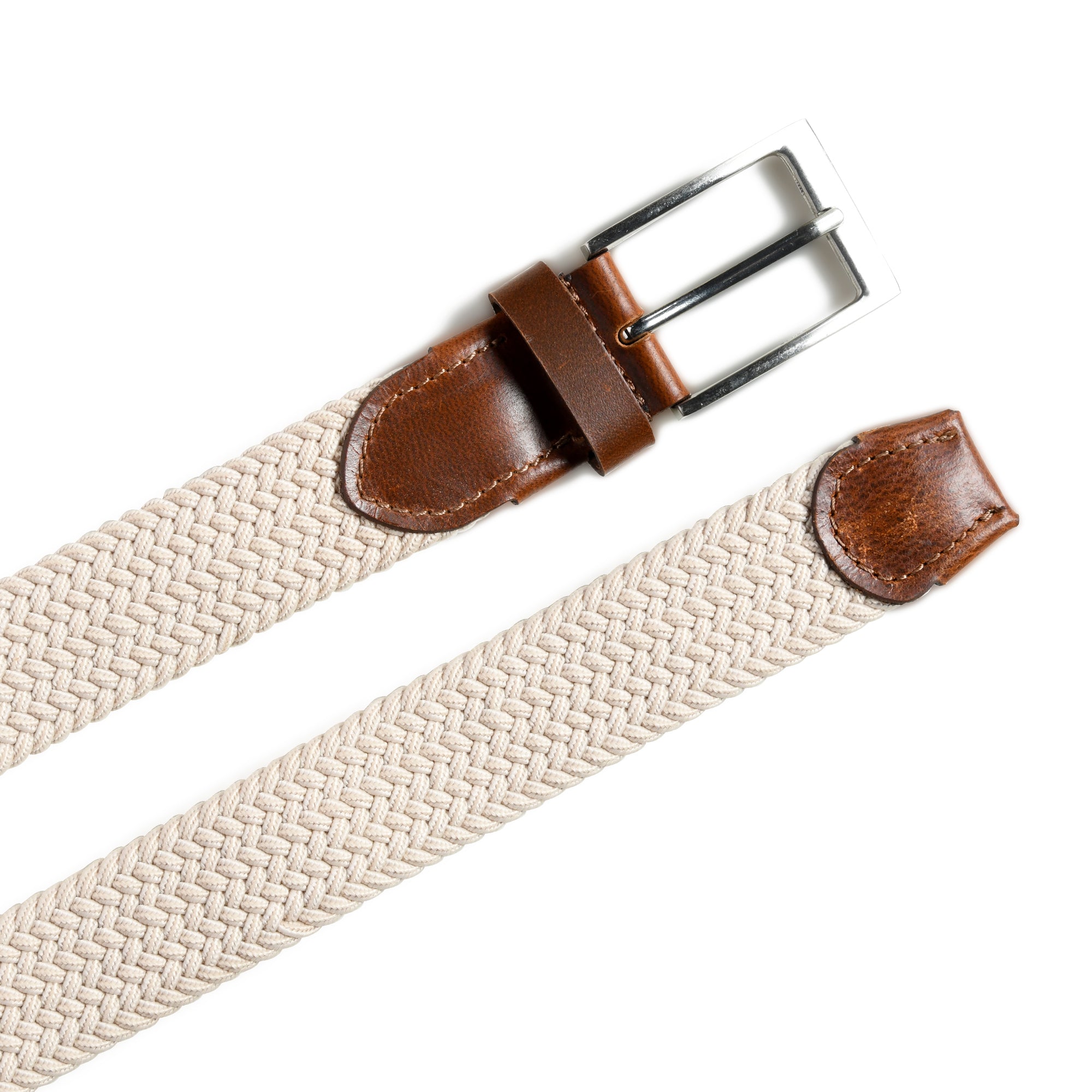 Cream & Brown Braided Canvas Leather Belt