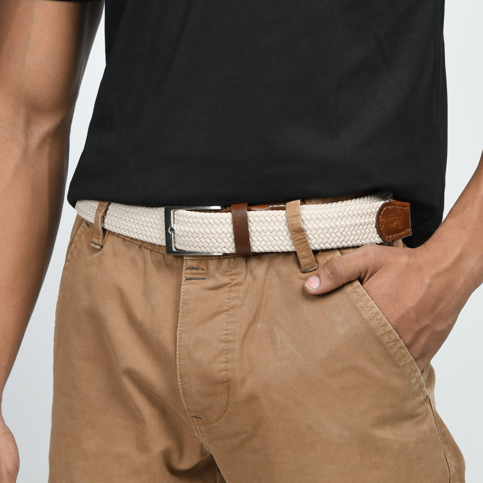 Cream & Brown Braided Canvas Leather Belt