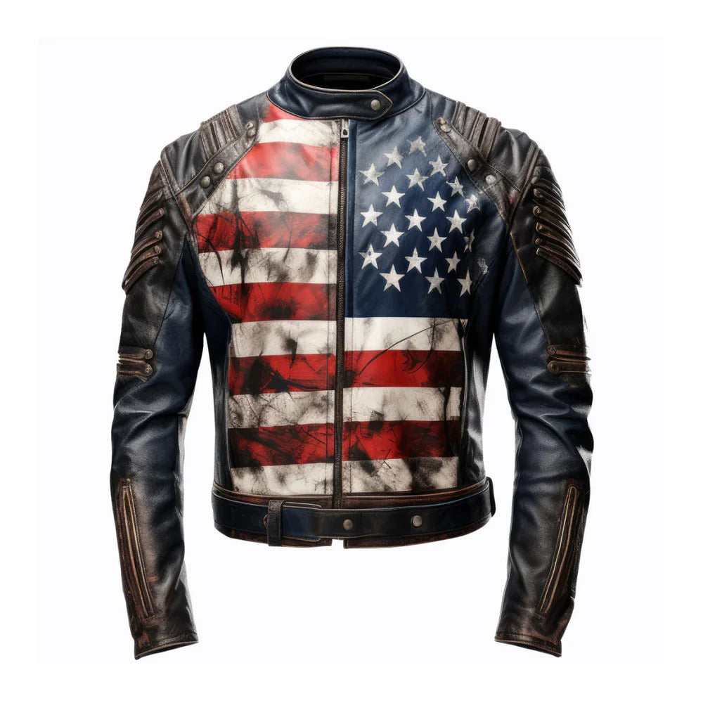 Men's USA Flag Casual Motorcycle Zipper Leather Jacket